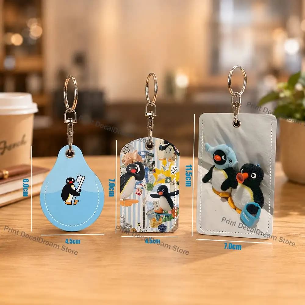 Cute P-Pingu PU Leather Card Holder Keychain Key Ring Door Lock Access Tag ID Access Card Air Tag Case Keychain Card