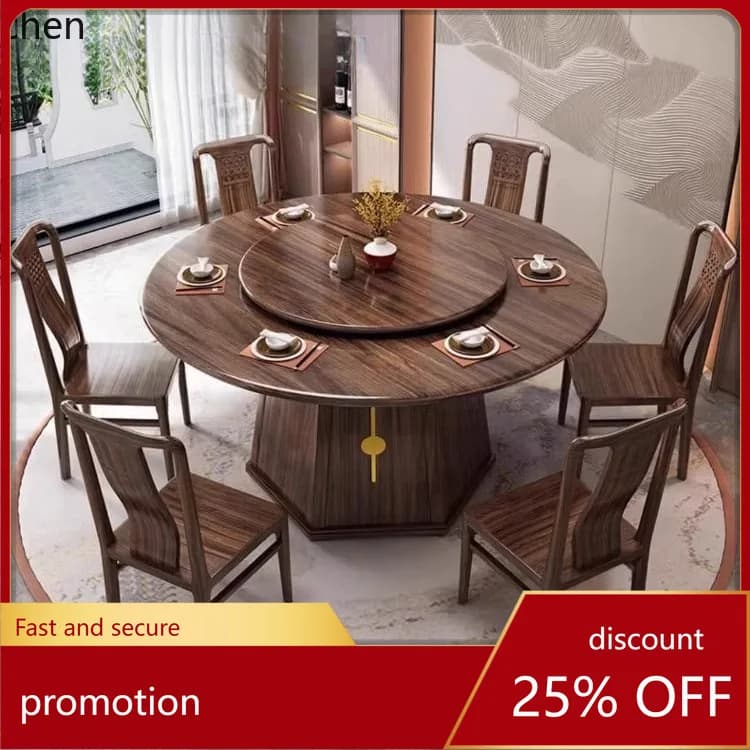 ZML Full Solid Wood Round Dining Table and Chair Set with Turntable Modern Minimalist