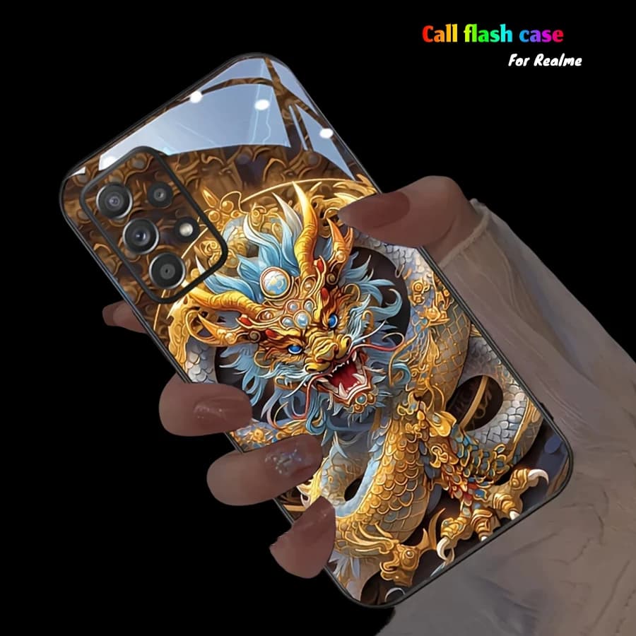 Fashion Chinese Dragon LED Flash Phone Case For OPPO Realme 11 14 13 12 10 9i 9 8 8i 7 C15 C21 C21Y C53 C55 4G 5G Pro Glow Cover