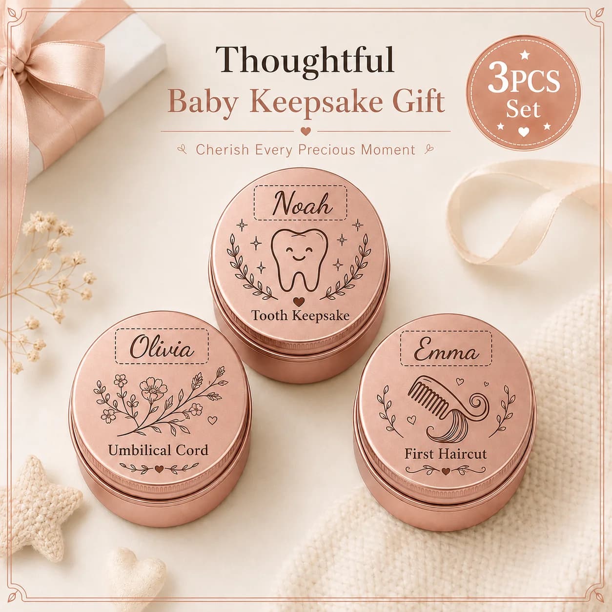 3Pcs Custom Tooth Fairy Storage Boxes, Baby Teeth, Umbilical Cord, and Fetal Hair Keepsake Boxes, Birth Souvenirs, Home Decorations, Are an Excellent Choice for Birthday Gifts, and Are Ideal Gifts for New Parents Product Set with 3 Different Design Styles, 3 Different Colors to Choose From, Birth So