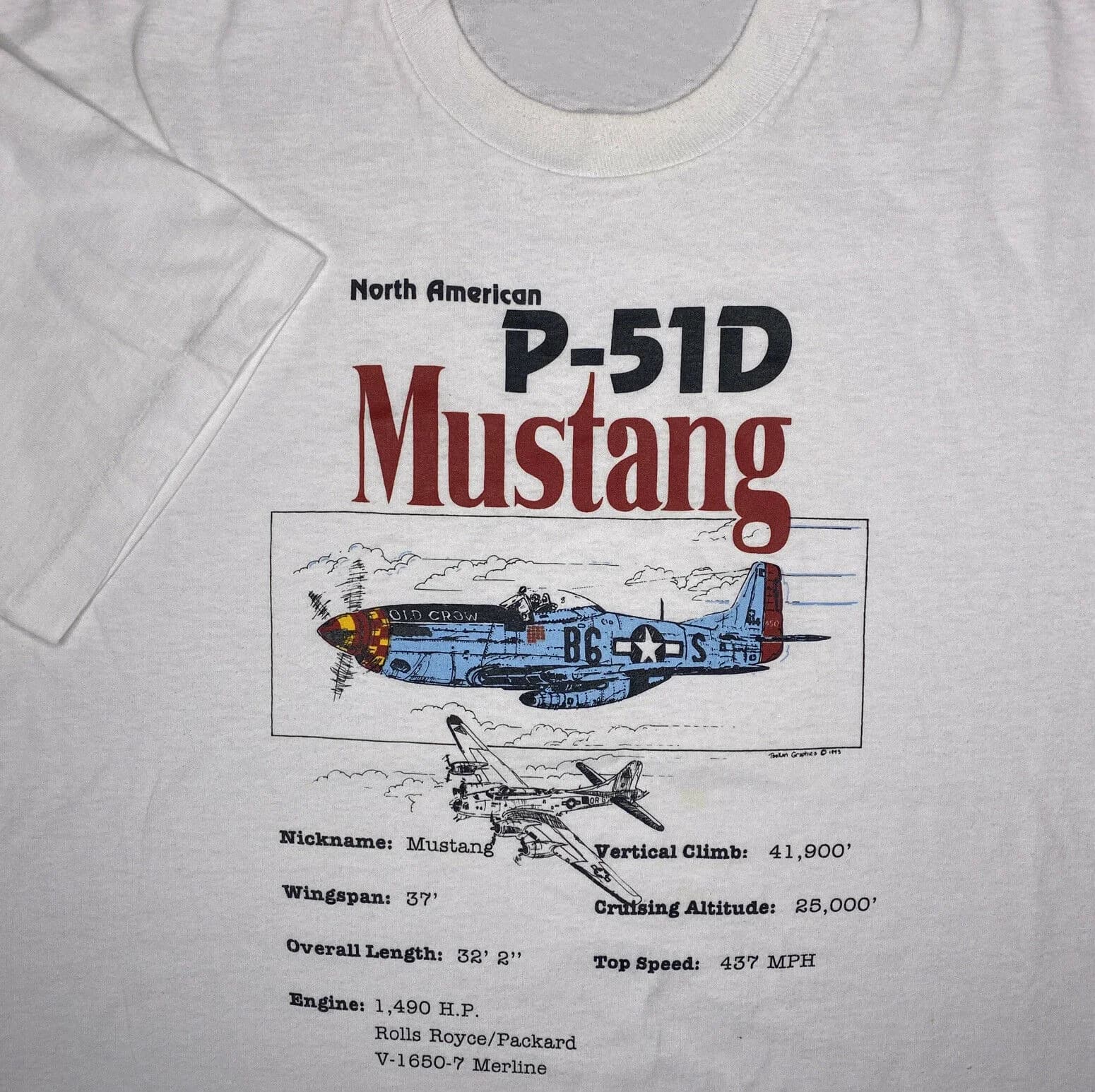 Vintage Mustang P-51D T-Shirt North American 1993 Graphic Tee 90s Retro Men's 100% Cotton Casual T-shirts Loose Top Size S-3XL