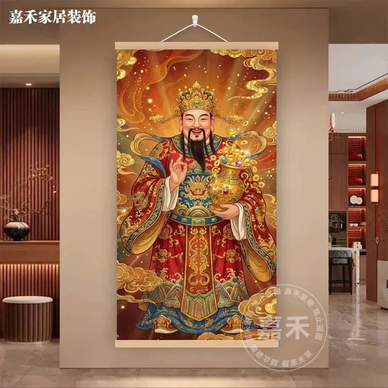 Wall Art Red Wealth Deity Figure and Golden Details Chinese Style Pearlescent Canvas Hanging Scroll for Entryway Living Room