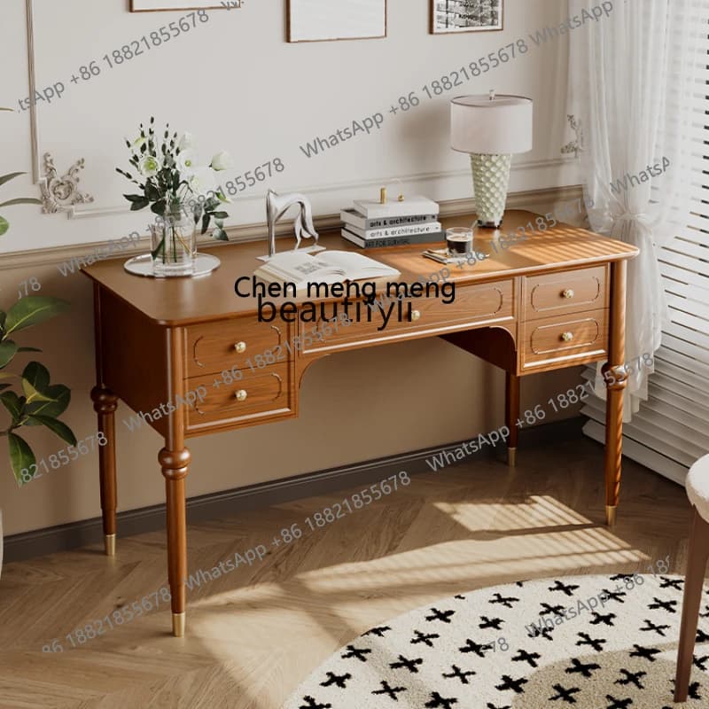 French Style Antique Desk Bookshelf Integrated Solid Wood Retro Dressing Table Desk