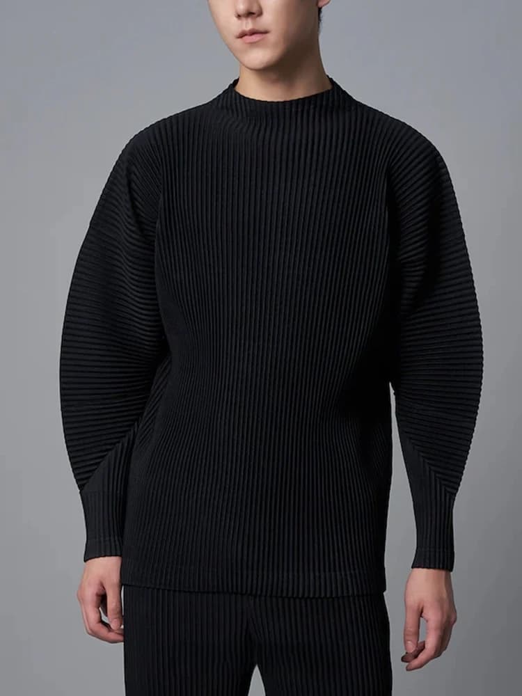 Miyake Men's Pleated T Shirts Mock Neck Long Sleeve Drop Shoulder Top