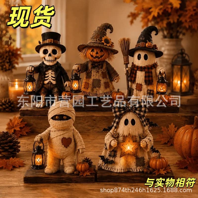 Halloween Wooden Monster Figurine Decor With LED Lantern Light 15CM Ghost Mummy Skeleton Pumpkin Scarecrow Ornament