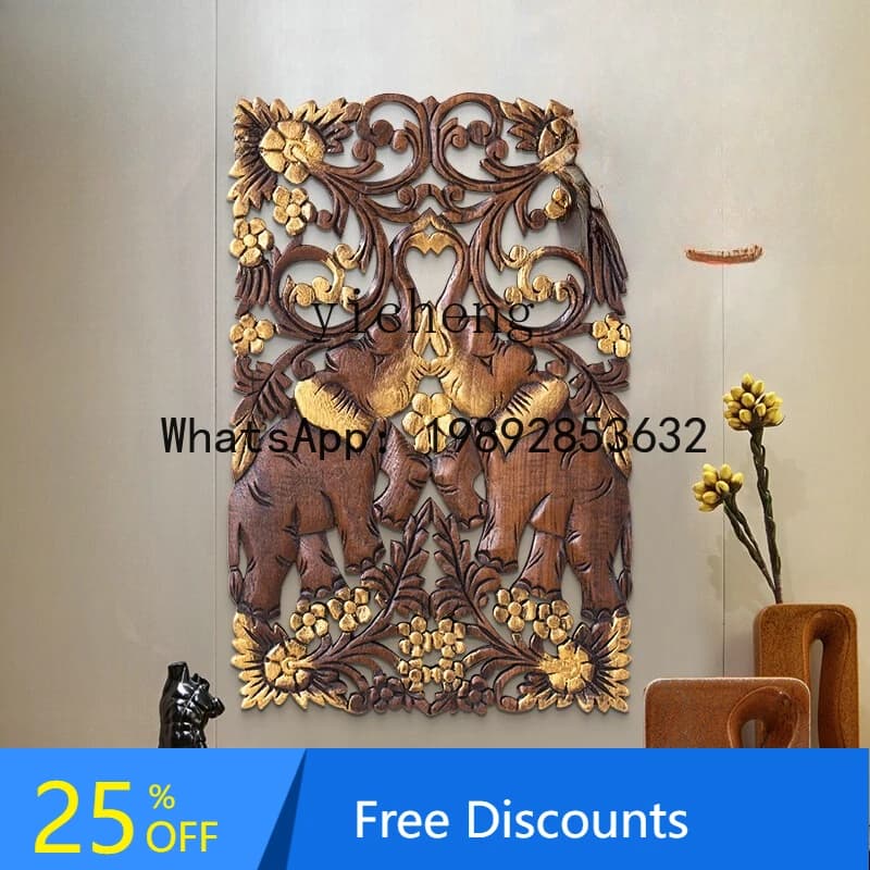 Double Elephant Wall Decoration Carved Board Handmade Wood Carving Pendant Teak Wood Wall Decoration Wall Hanging