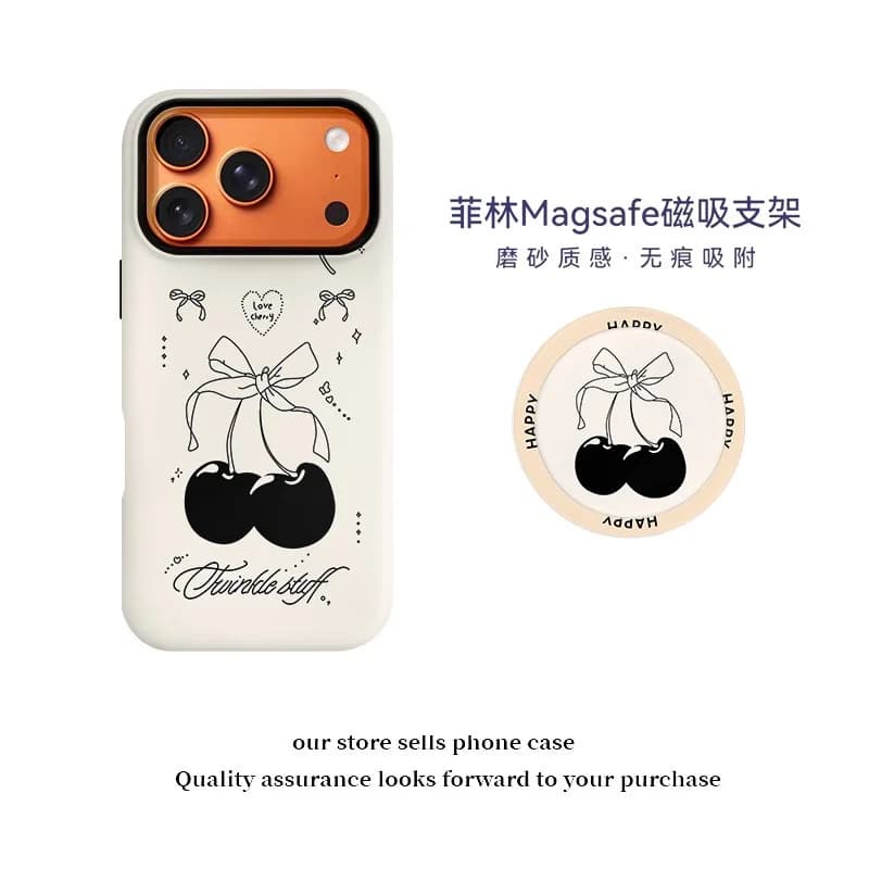 Ins Korean Black Cherry Bow Phone Case for IPhone 17 16 Pro 15 14 13 12 Mini 11ProMax Cover with Magsafe Cute Stand Holder Cases