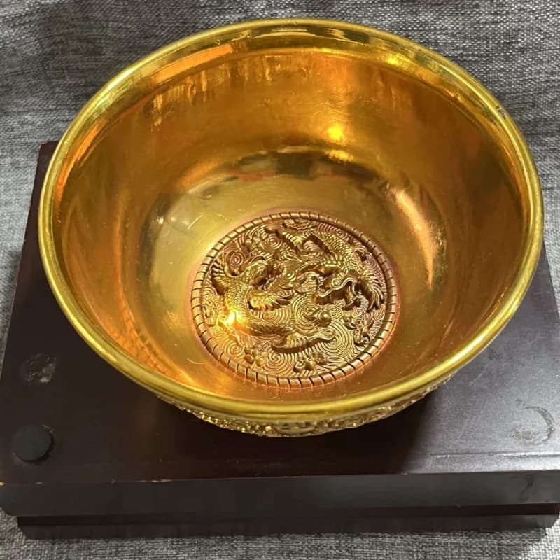 Qing Dynasty Qianlong Era Gilt Relief Double Dragon Playing with Pearls Bowl Copper Bowl Antique Collectible Home Decor