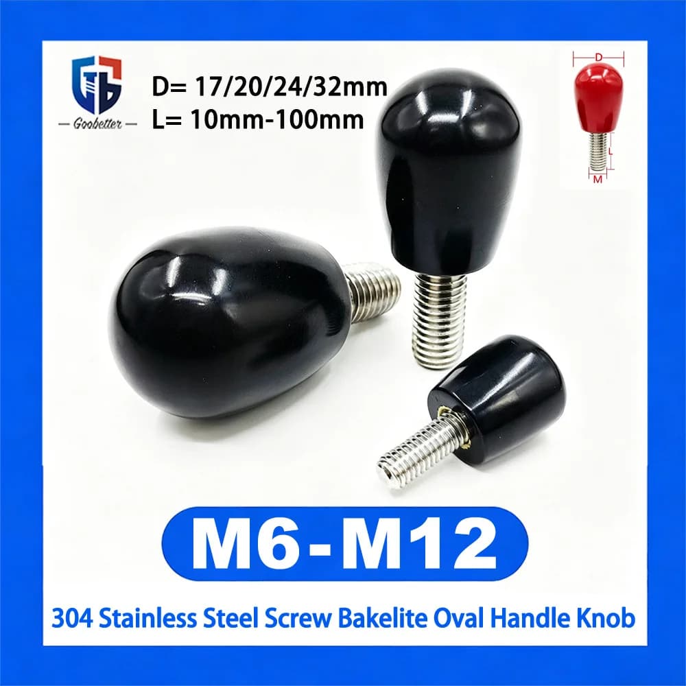 1Pcs Bakelite Oval Handle Knob M6 M8 M10 M12 304 Stainless Steel Cylindrical Hand Tight Screw