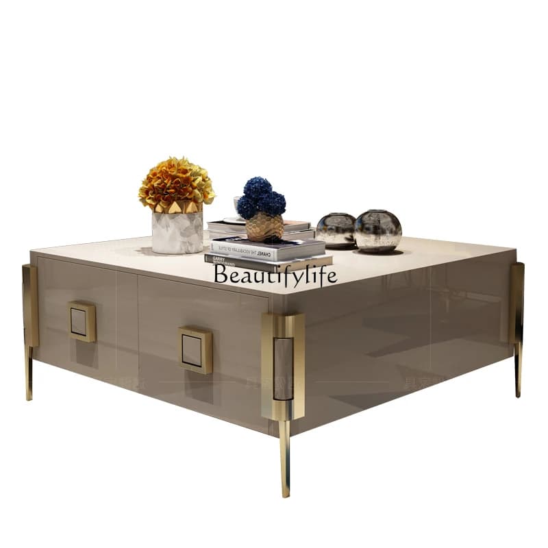 Light luxury coffee table home American small apartment modern simple solid wood stainless steel square