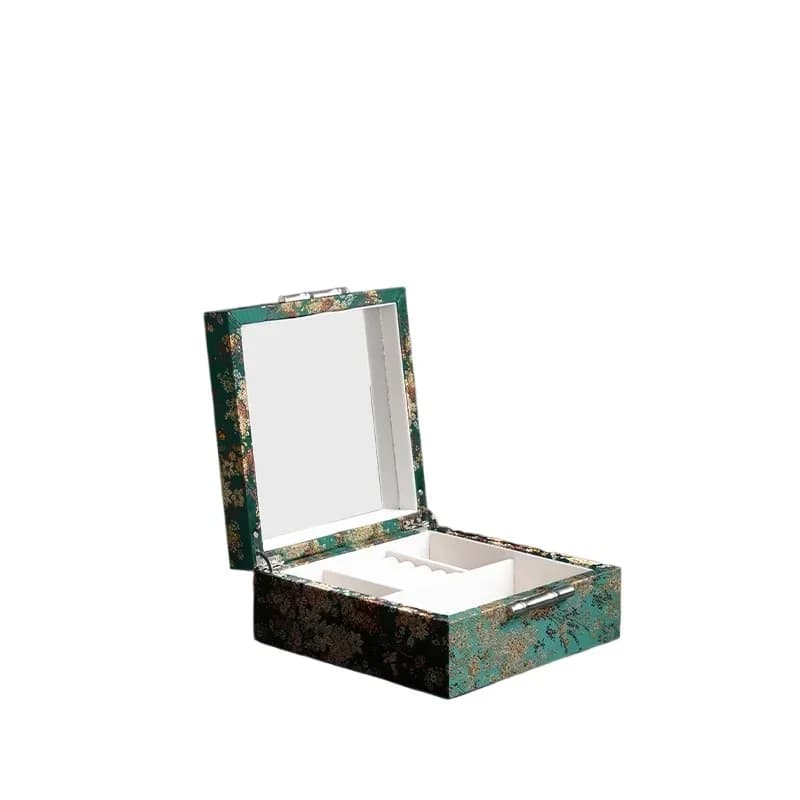 Silk Golden Thread Embroidery Brocade Show Box Handmade Embroidery Jacquard Jewelry Box with Dressing Mirror