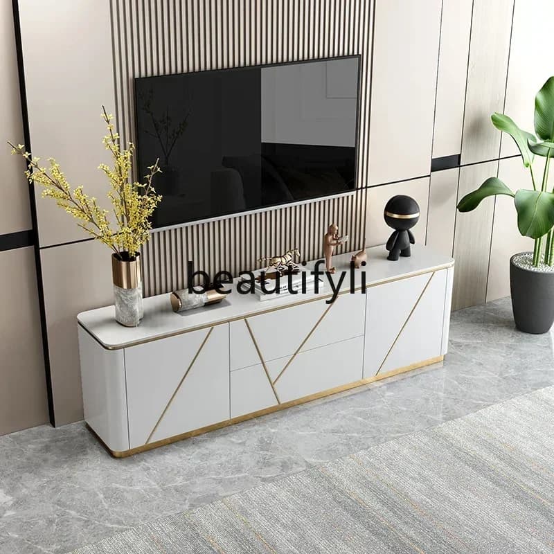 35Light luxury rock slab TV cabinet coffee table modern simple background wall cabinet small apartment household storage bedro