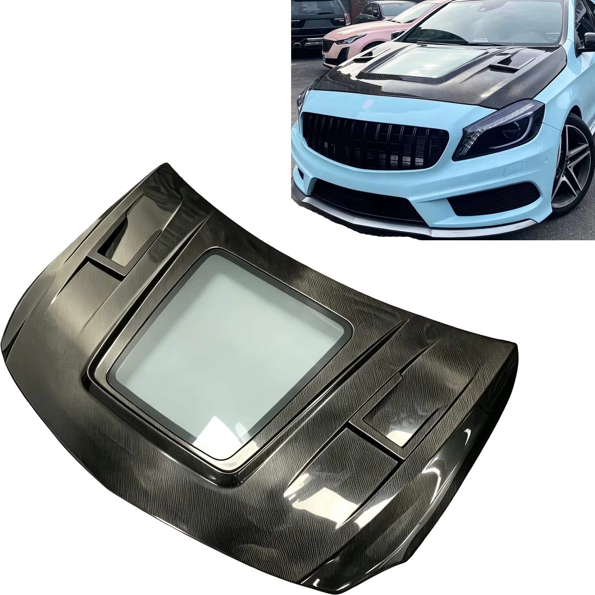 3K Carbon Fiber Engine Hood With Transparent Glass Window for Mercedes-Benz W117 A45 AMG 2014-2019 OEM-Fit Replacement Bonnet