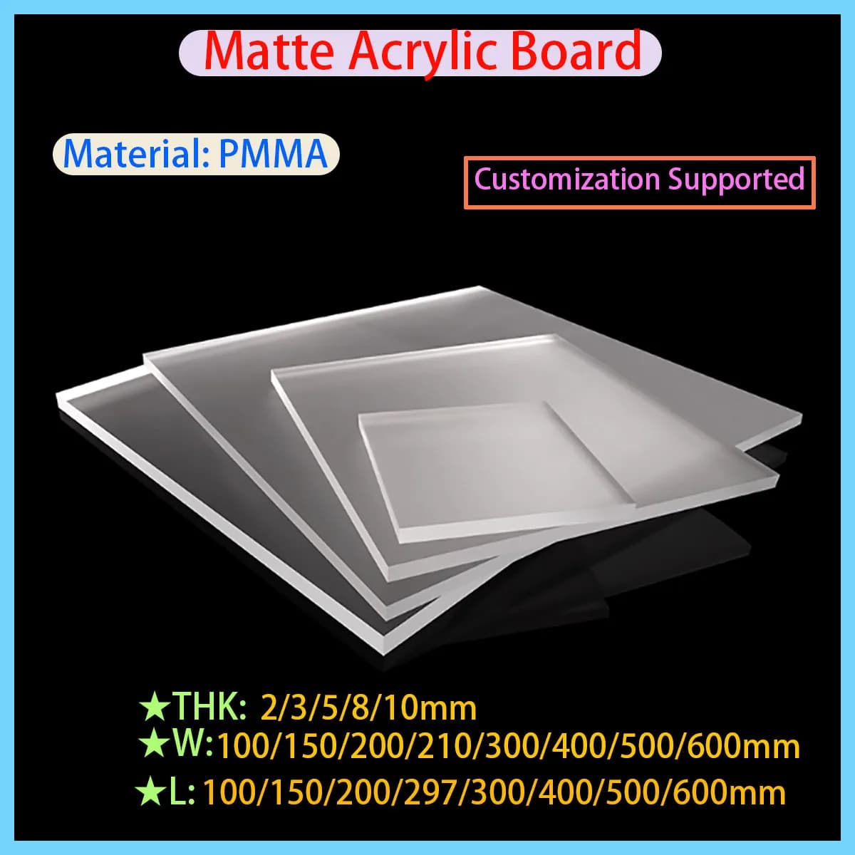 Single Sided Matte Acrylic Board (PMMA) Glass Plexi Plastic Organic Board Thickness 2mm 3mm 5mm 8mm 10mm