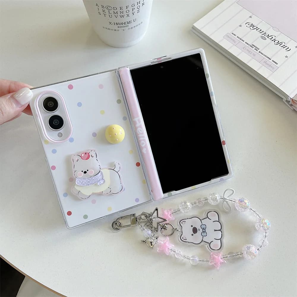 Cute Color Polka Dot Dog Phone Case For Samsung Galaxy Z Fold 8 With 3D Holder Beaded PC Shockproof Protective Cover