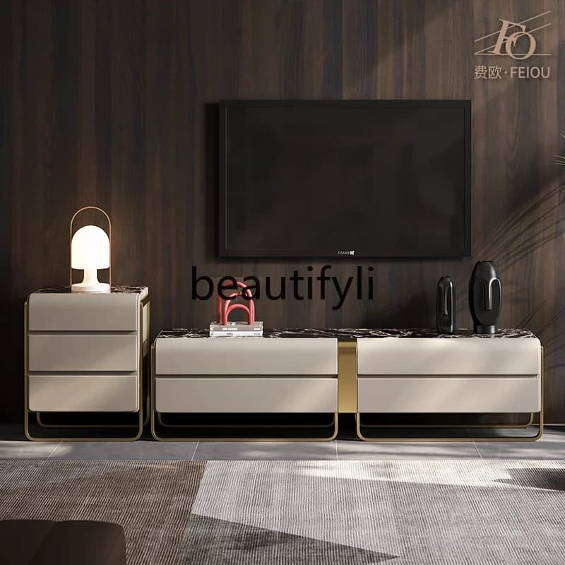 yj21 Light luxury TV cabinet villa large flat floor living room modern  natural stone floor cabinet coffee table combination