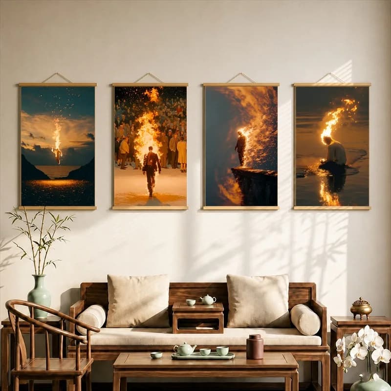 Between Passion and Solitude Canvas Wall Art Hanging Scroll Poetic Surreal Landscape Print with Wooden Rods for Home
