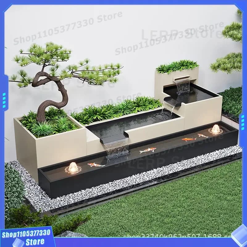 Aluminum Alloy Waterfall Fountain Landscape Ornament for Courtyard Garden Fish Tank Stainless Steel Flower Box Water