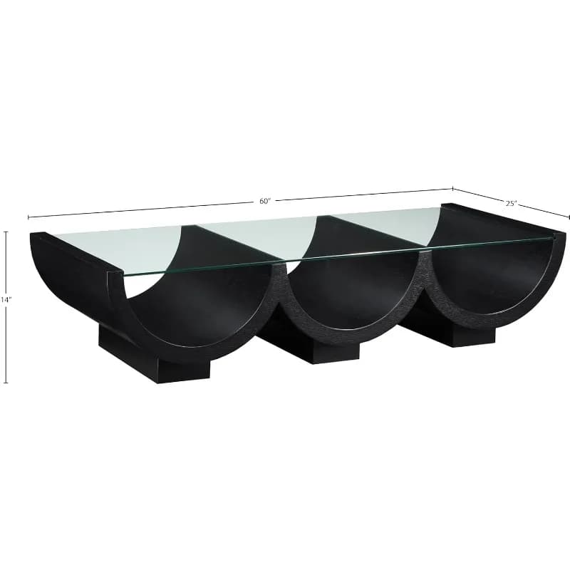 99023Black-CT Beverwil Collection Art Deco Coffee Table with Rich Black Finish, Natural Oak Veneer, Glass Top, 60" W x 25" D x 1