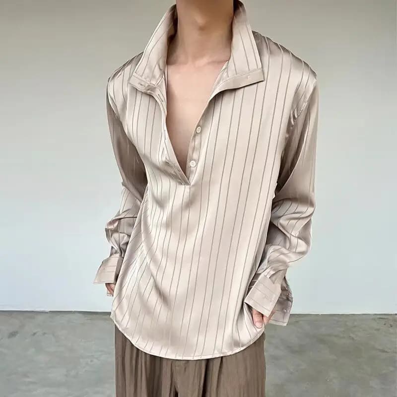 High-end Striped Shirt Men's Early Autumn New Loose-feeling Wear with Long-sleeved Top Casual Semi-cardigan Shirt