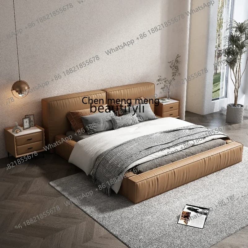 D178 First Layer Cowhide Silent Style Bed in Master Bedroom Simple Modern Genuine Leather Soft Cushion Double Bed Nordic Cream S