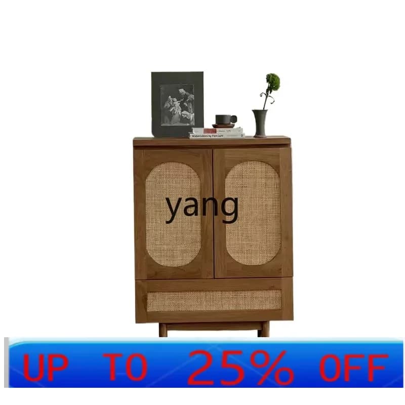 LH wabi sabi retro wind rattan cabinet bedroom living room solid wood storage side cabinet