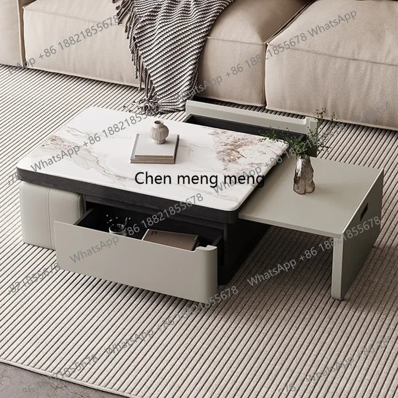 RR Modern Expandable Living Room Center Table with Hidden Stools Simple Coffee Table for Small Space Tea Tables with Storage Dra
