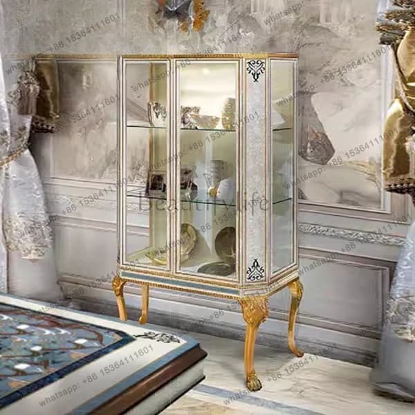 French gold foil solid wood wine cabinet luxury villa living room display cabinet neoclassical