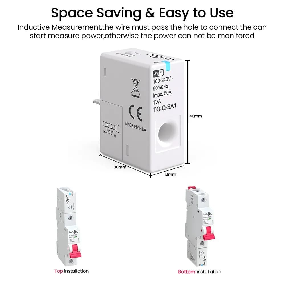 Tuya WiFi Smart Energy Meter with kWh Monitoring and Prepaid Function and Temperature Alarm 1-50A Power Consumption Monitor