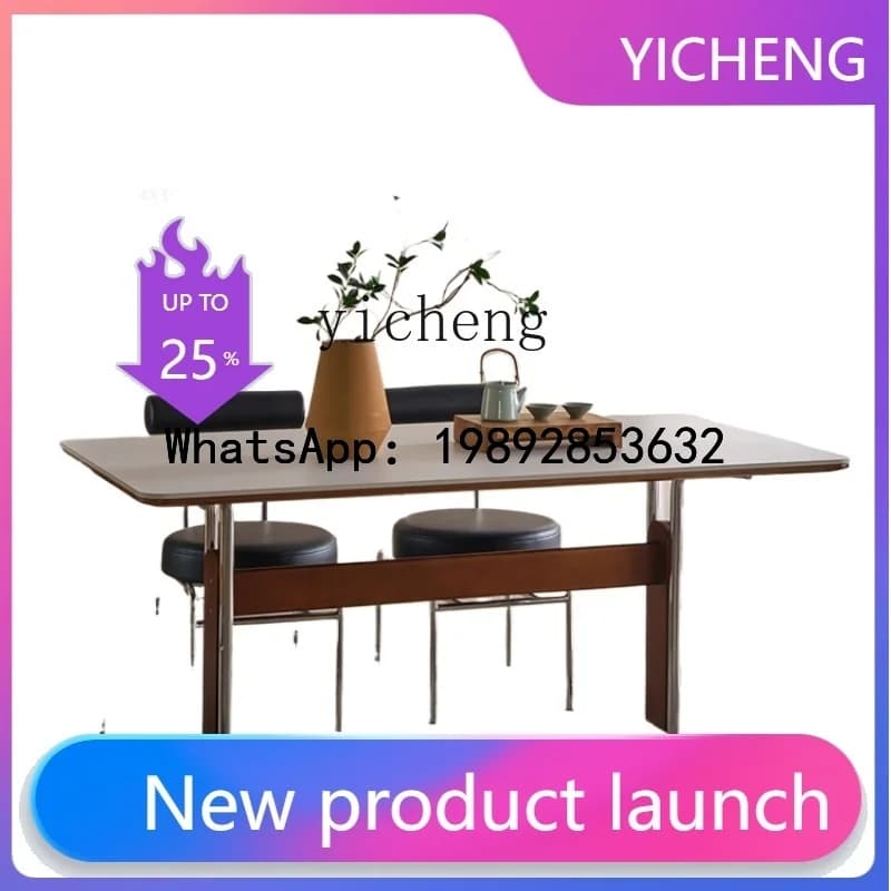 H1  Stone Plate Dining Table Retro Style Solid Wood Long Table Light Luxury Household Stainless Steel Leg Table