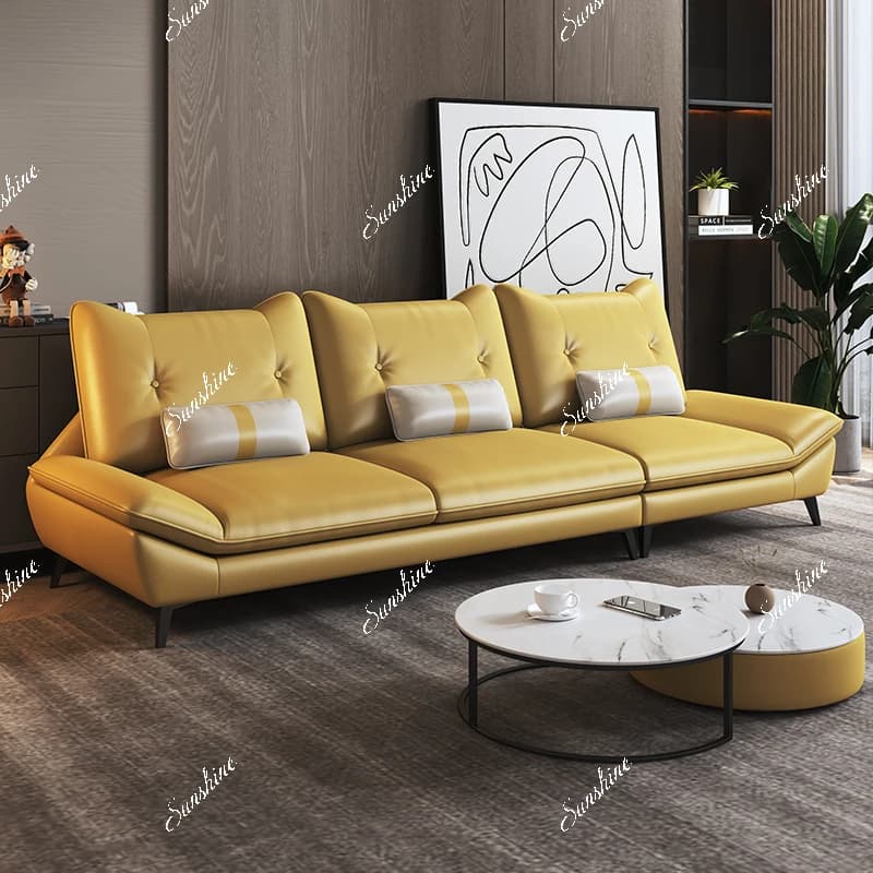 Modern light luxury first-floor cowhide small apartment straight row three-person sofa