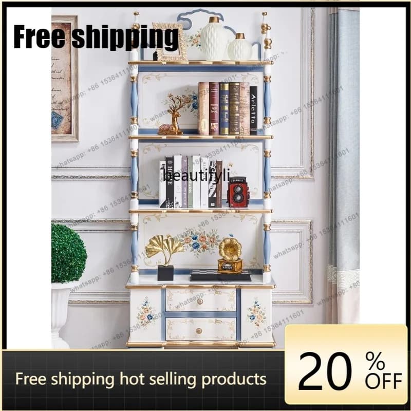 JJ High-End Luxury European-Style Display Cabinet Vintage Shelf Painted French Classical Floor Bookshelf