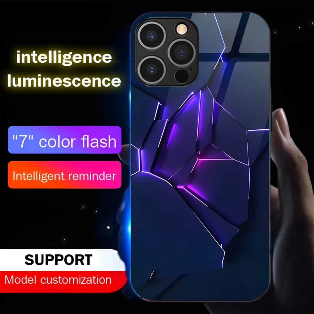 Mobile Flash LED Luminous Tempered Glass Cover Night Light Shockproof Phone Case For iPhone Air 11 12 13 14 15 16 E 17 Pro Max