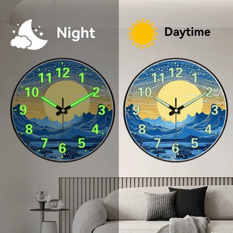 1pc Modern Luminous Wall Clock Glow In The Dark Numbers  Pointers Mountain Landscape Nature Decor For Living Room Bedroom Office