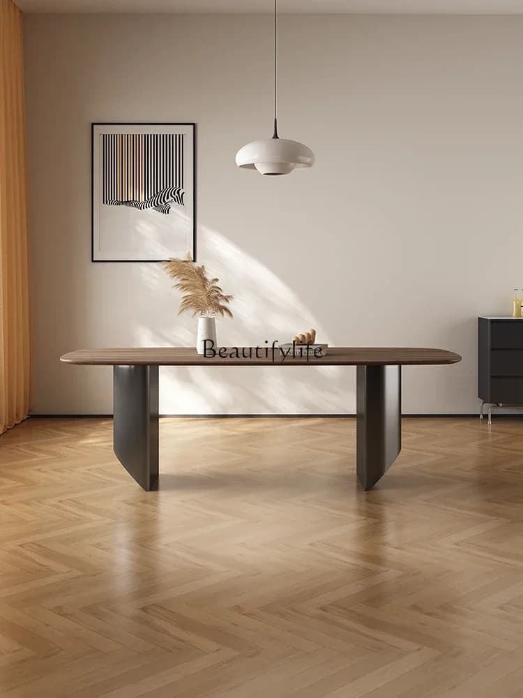 FGRetro black walnut wooden dining table wabi wind rectangular solid wood stainless steel floating dining table