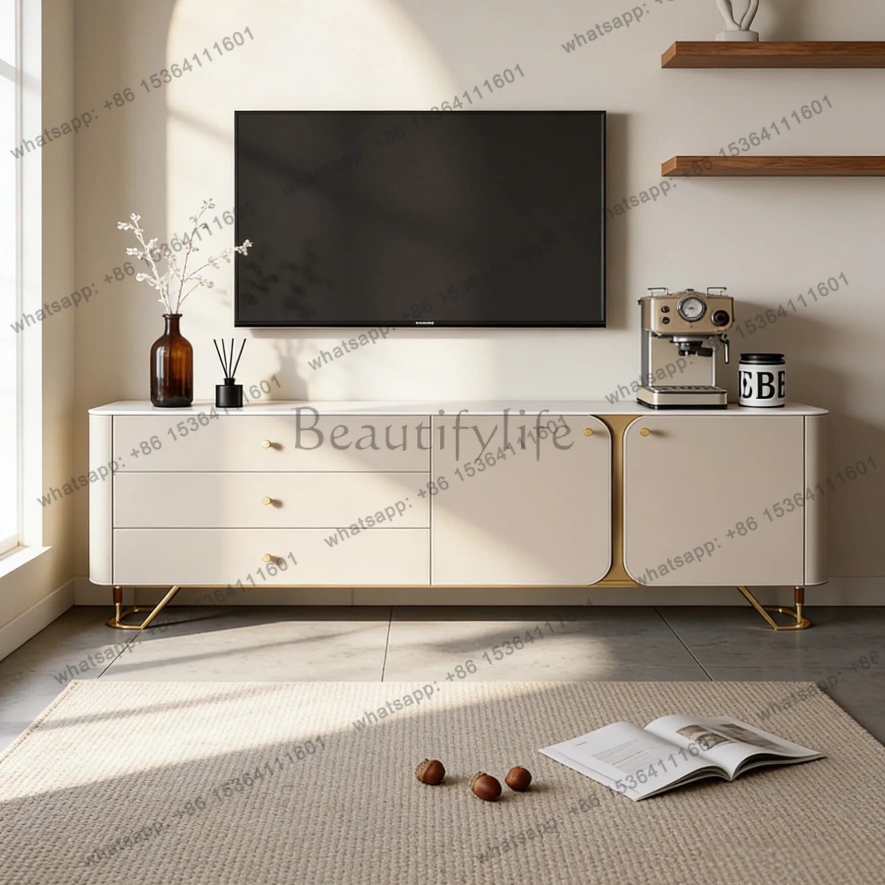 Light luxury solid wood saddle leather TV cabinet living room modern home