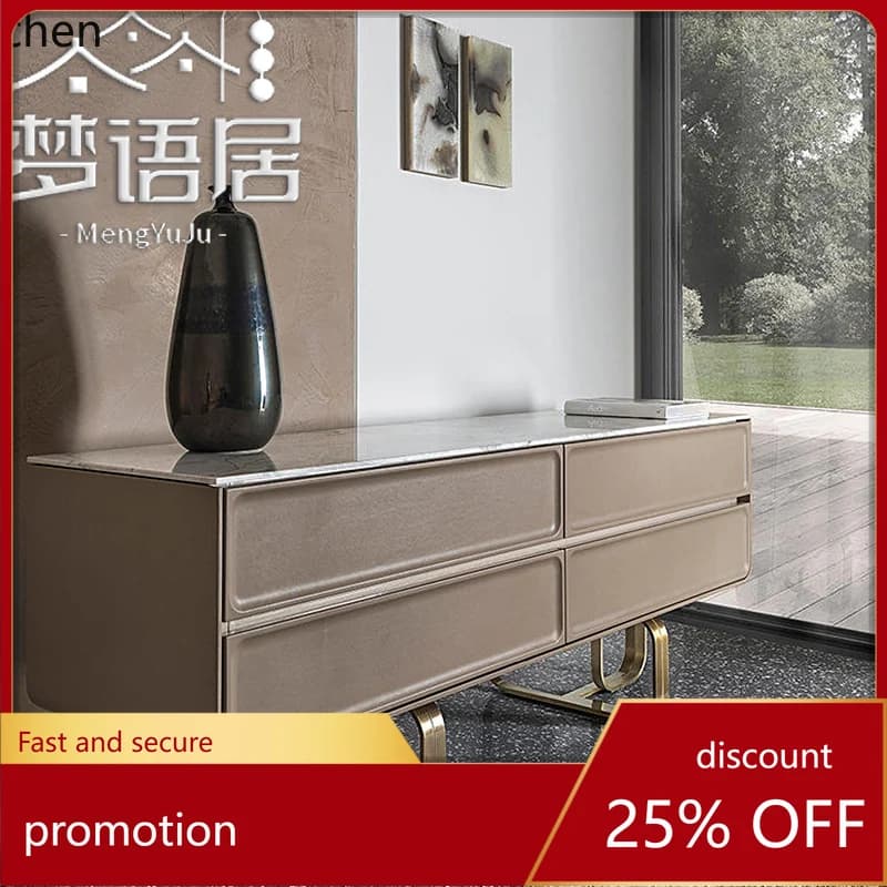 HT light luxury solid wood modern stainless steel metal decorative marble countertop audio-visual cabinet