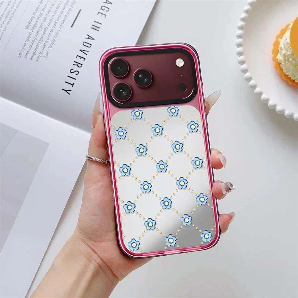 Simple Checkered Blue Flower Impact Case - Mirror / Glaze Magnetic Cover: Compatible with IPhone 18 17 Pro Max 18Pro