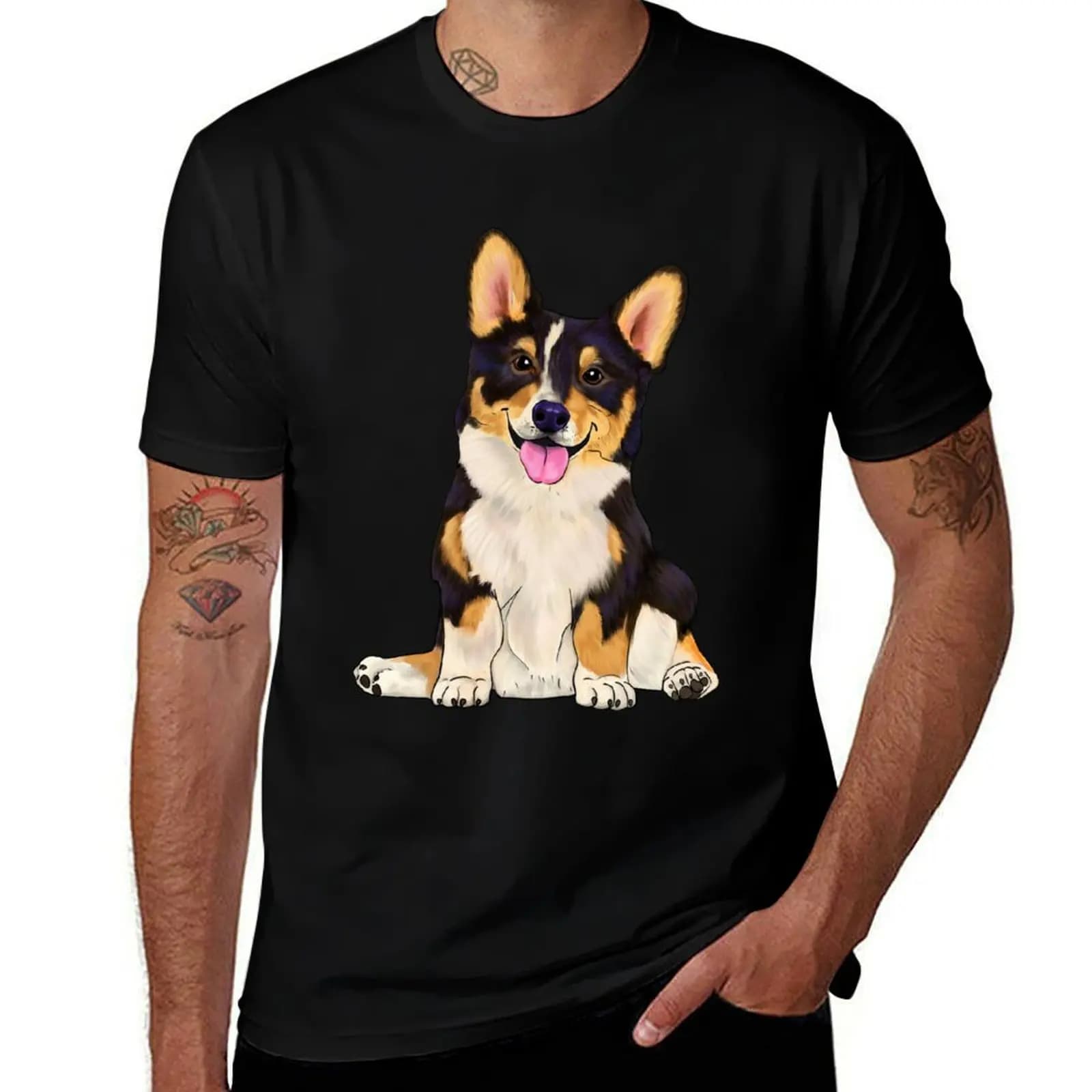 Cute sitting corgi tri color dog T-Shirt Athletic Quick Dry for Men T-Shirt