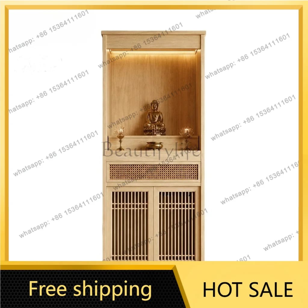 YJ New Chinese Standing Shrine Cabinet Song Aesthetics Zen Style Log Wood Home Worship Cabinet For Guanyin God of Wealth