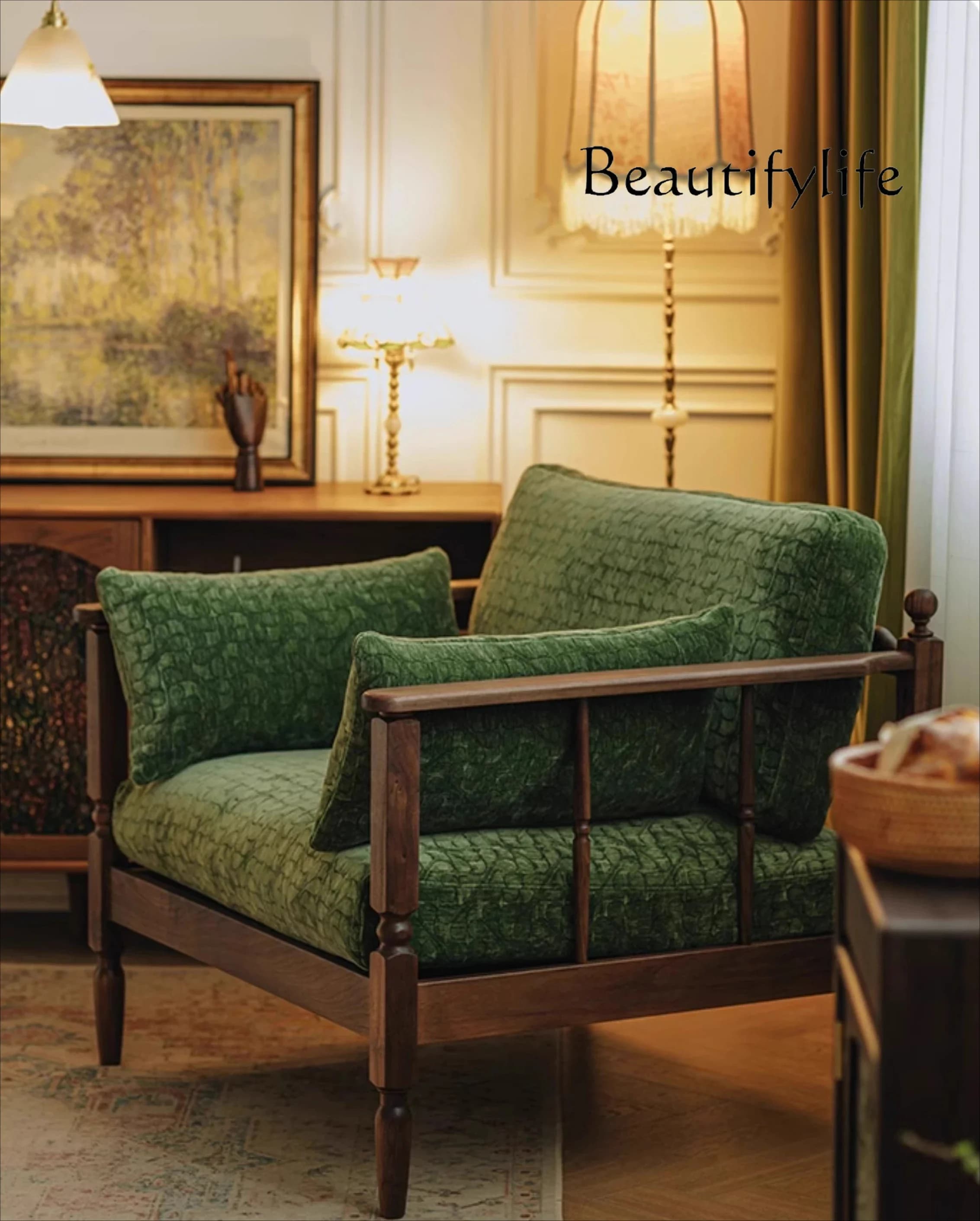 A44 Solid wood retro single-seat fabric black walnut small apartment Nordic living room sofa chair high-end