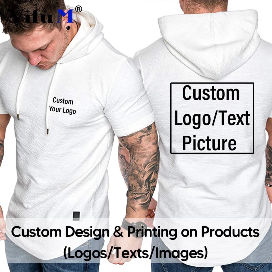 DIY Print Logo Sport T shirt Short Sleeves for Men Gym Clothing Men's Bodybuilding Hooded Short Sleeve Sweatshirt Fitness Top