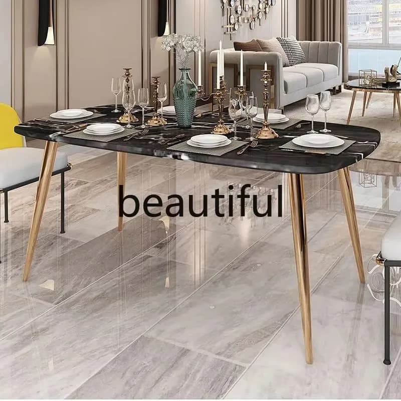 Italian rock slab dining table Household dining table Modern simple aluminum alloy rectangular dining table