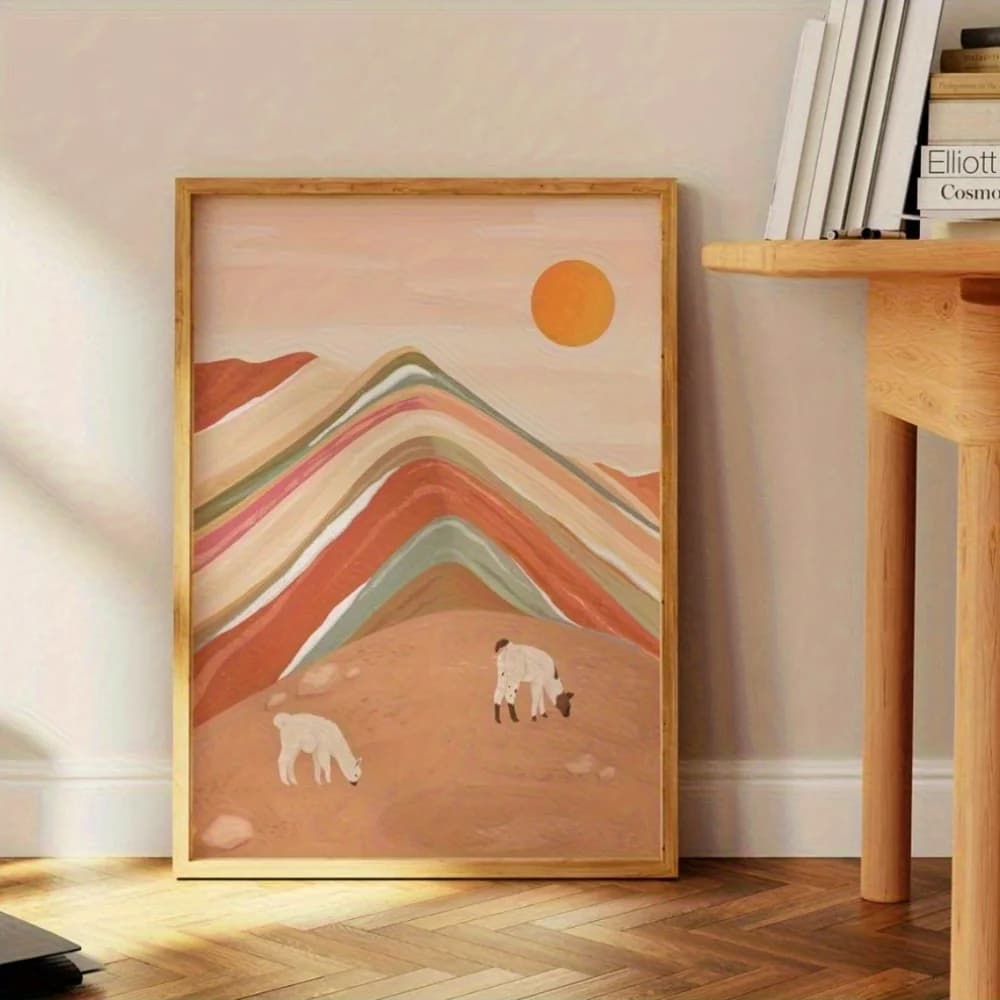 Bohemian Colorful Mountain With Alpacas Canvas Poster Wall Art,2D Print Wall Decor,Aesthetic Home Decor For Living Room Bedroom