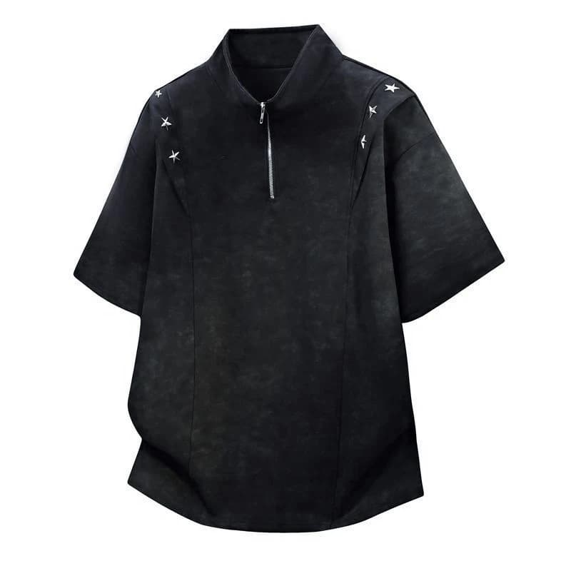 Men American Vintage Tie Dye Half Zip Stand Collar T Shirt Star Rivet Decor Short Sleeve Top Streetwear Dirty Wash Oversized Tee