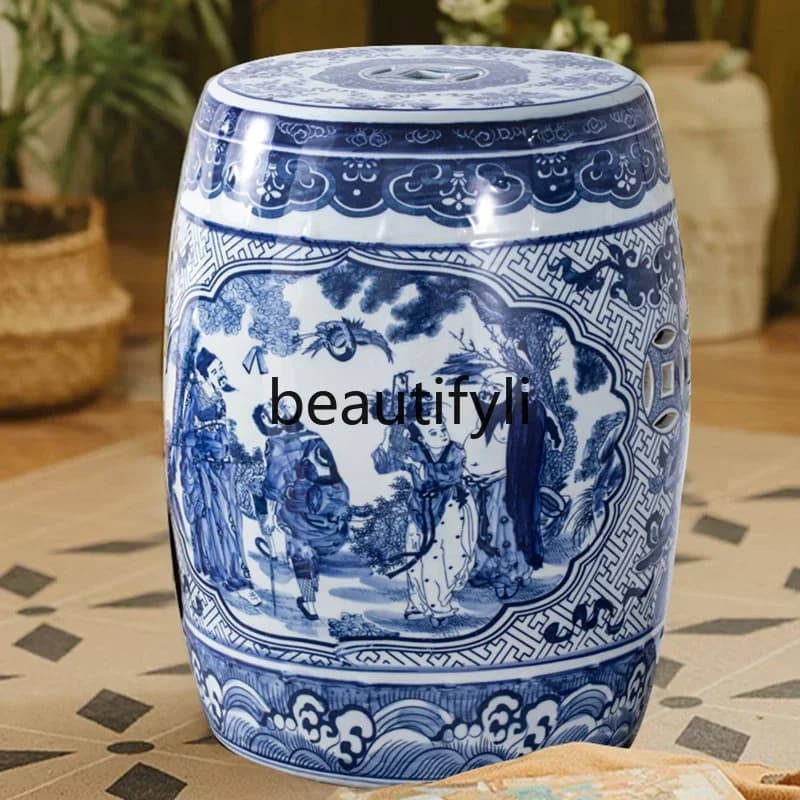 zqxBlue and white porcelain character ceramic drum stool change shoes tea room stool antique character ceramic stool Chinese sty
