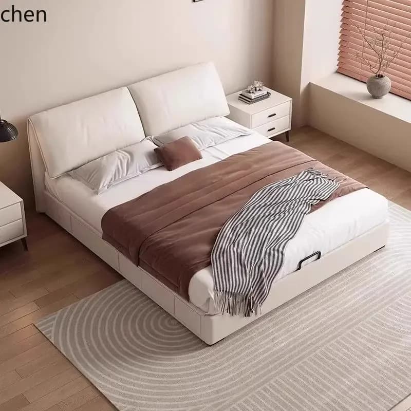 PYH Top Layer Cowhide Master Bedroom Double Bed Italian Minimalist Bed High Box Bedroom Storage Bed