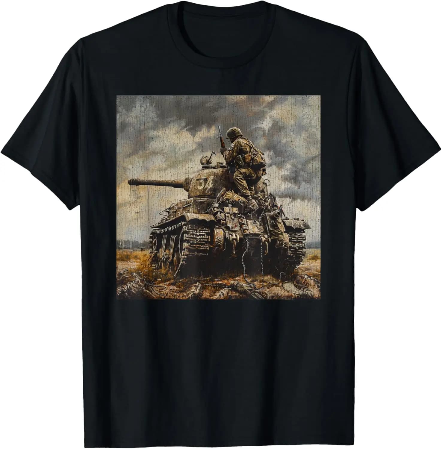 Distressed Digital Art of A Soldier Behind An M4 Sherman T-Shirt 100% Cotton O-Neck Short Sleeve Summer Casual Mens T-shirt