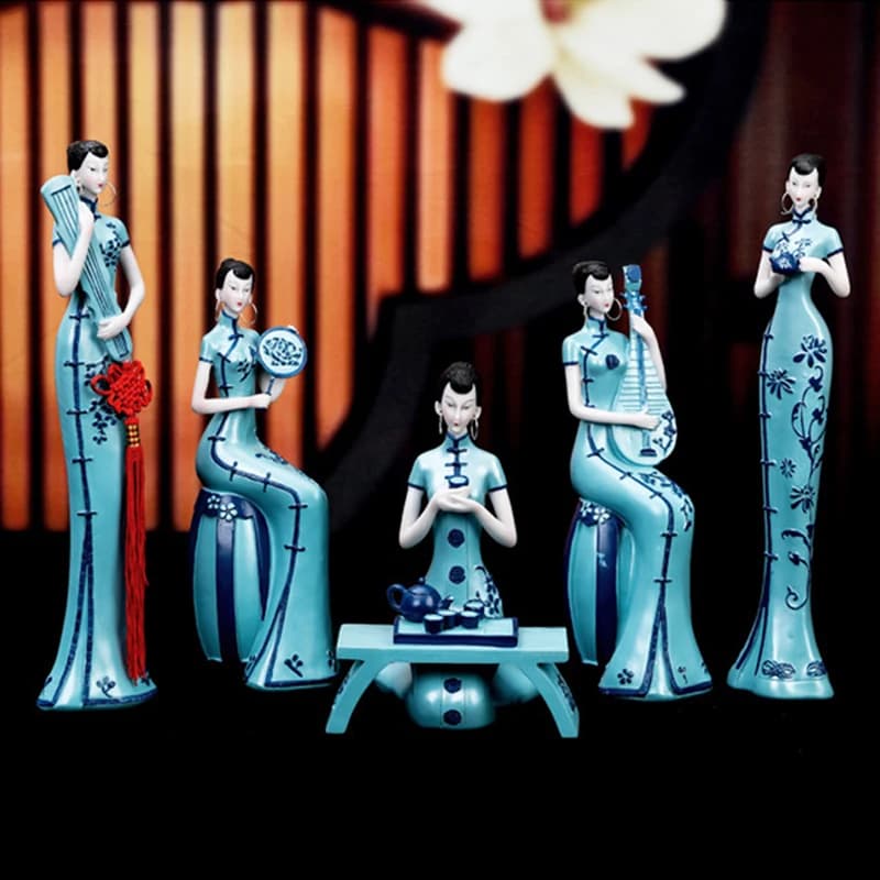 Retro Beautiful Women Art Sculpture Chinese Style Cheongsam Beauty Lady Figures Ceramic Crafts Bookcase Porch Decor Ornaments