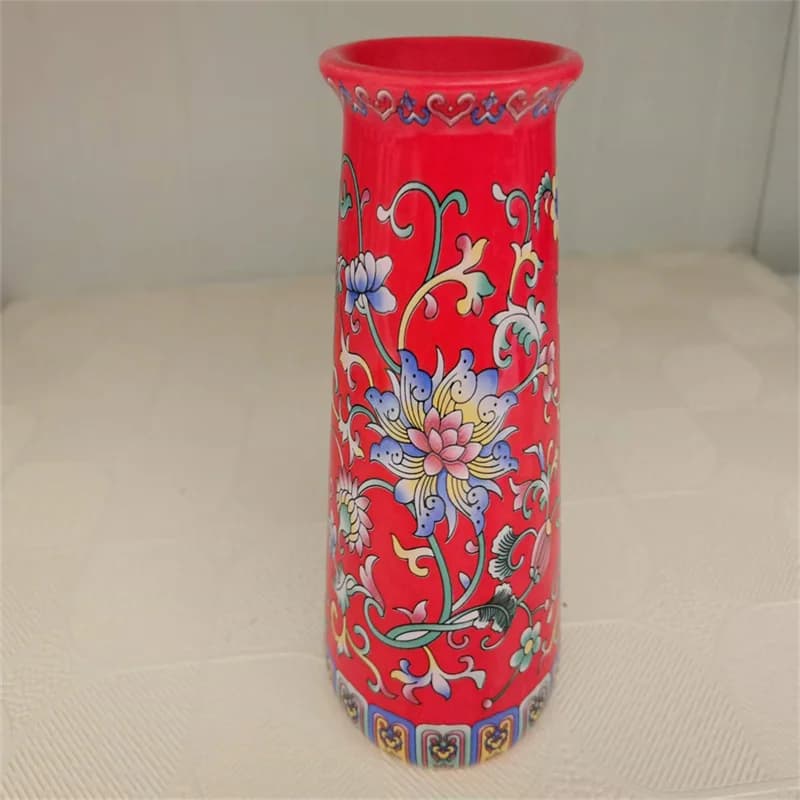 Chinese Old Porcelain red enamel Entangled Lotus patterned open end vase
